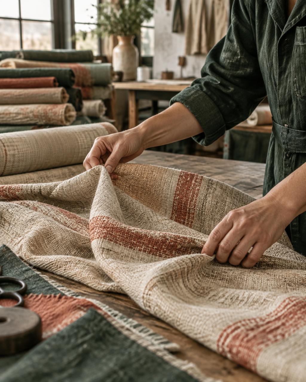 Hands examining a textured woven cloth