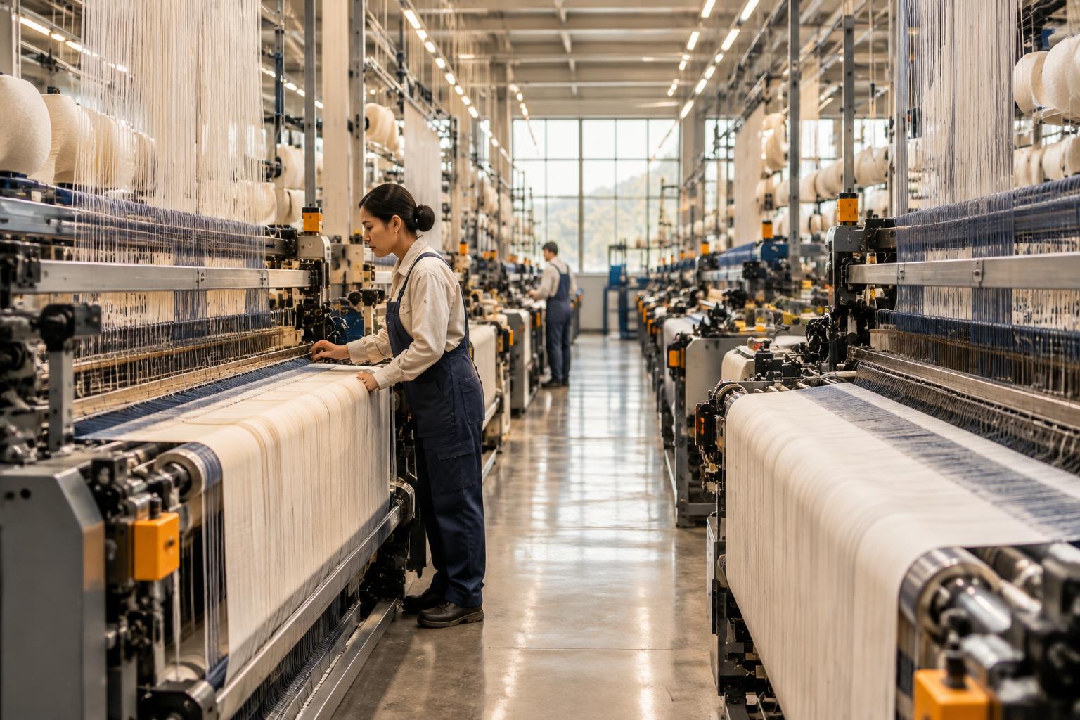 Operators working along modern weaving looms